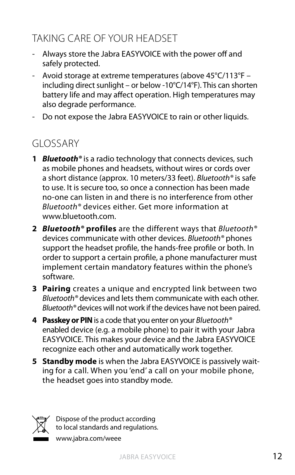 English, Taking care of your headset, Glossary | Jabra Easyvoice OTE4 User Manual | Page 13 / 14