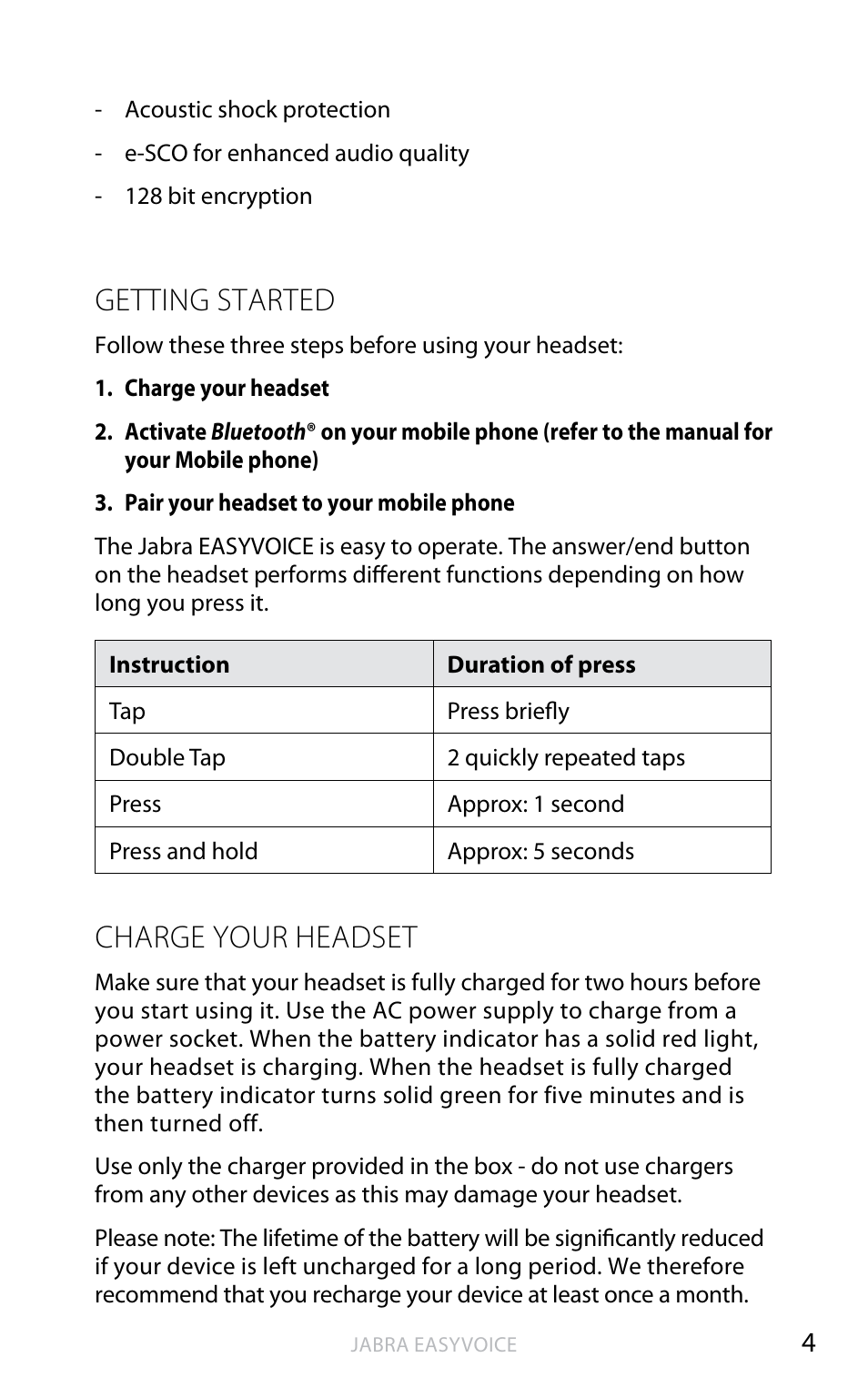 Getting started, Charge your headset, English | Jabra Easyvoice OTE4 User Manual | Page 5 / 14