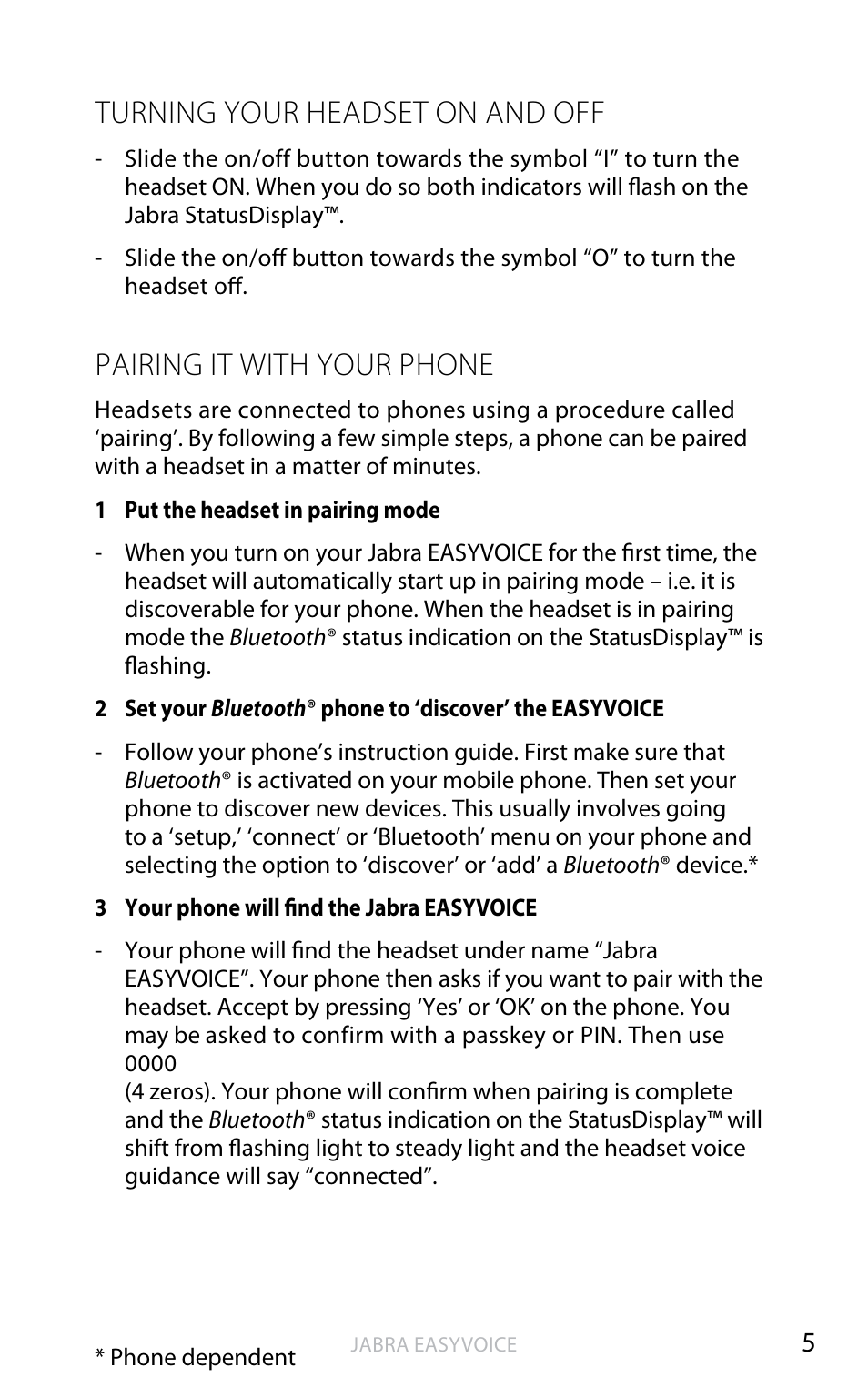 Turning your headset on and off, Pairing it with your phone, English | Jabra Easyvoice OTE4 User Manual | Page 6 / 14