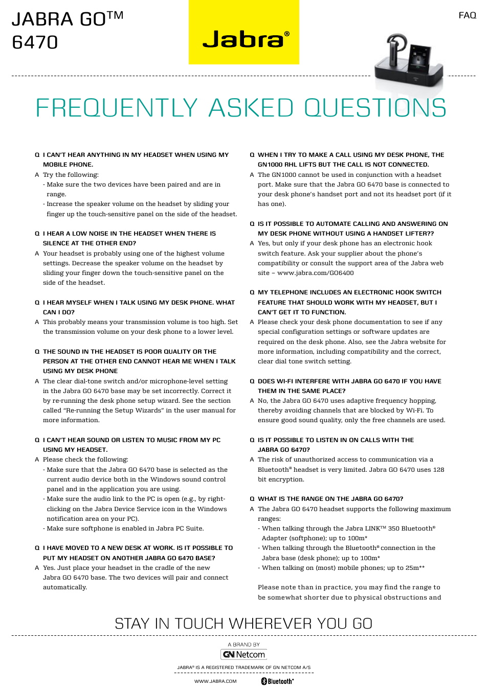 Frequently asked questions, Jabra go, Stay in touch wherever you go | Jabra 6470 User Manual | Page 2 / 3