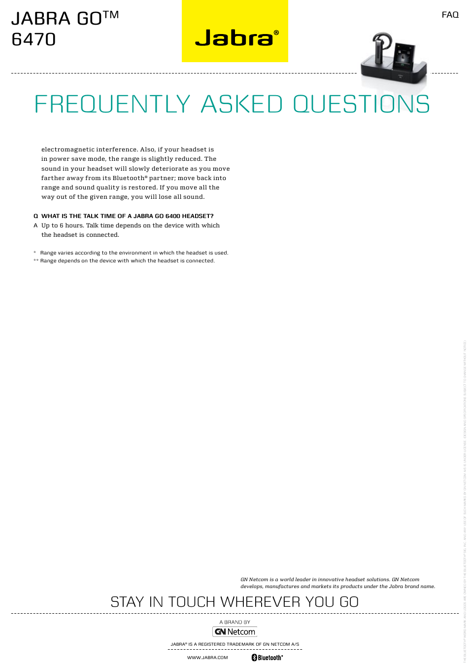 Frequently asked questions, Jabra go, Stay in touch wherever you go | Jabra 6470 User Manual | Page 3 / 3