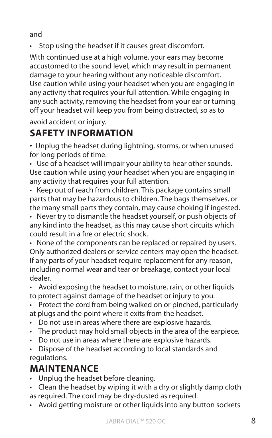 English, Safety information, Maintenance | Jabra DIAL 520 OC User Manual | Page 10 / 22