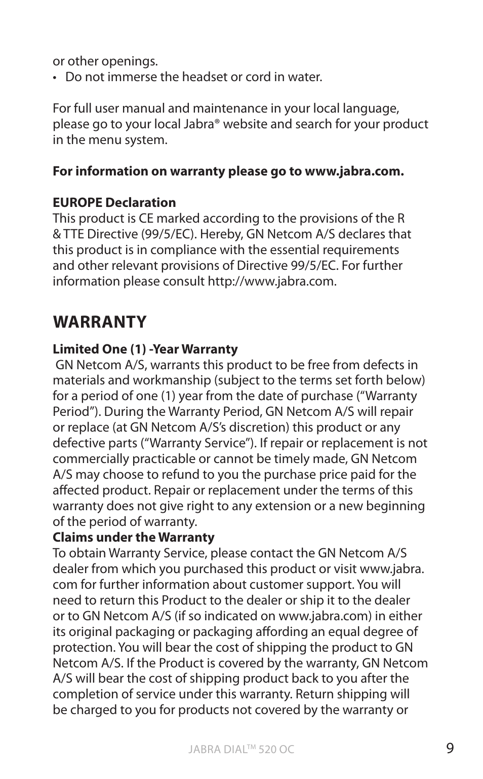 English, Warranty | Jabra DIAL 520 OC User Manual | Page 11 / 22