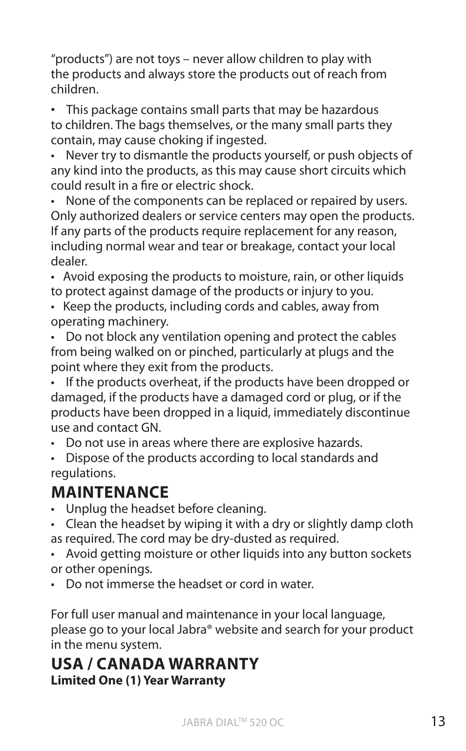 English, Maintenance, Usa / canada warranty | Jabra DIAL 520 OC User Manual | Page 15 / 22