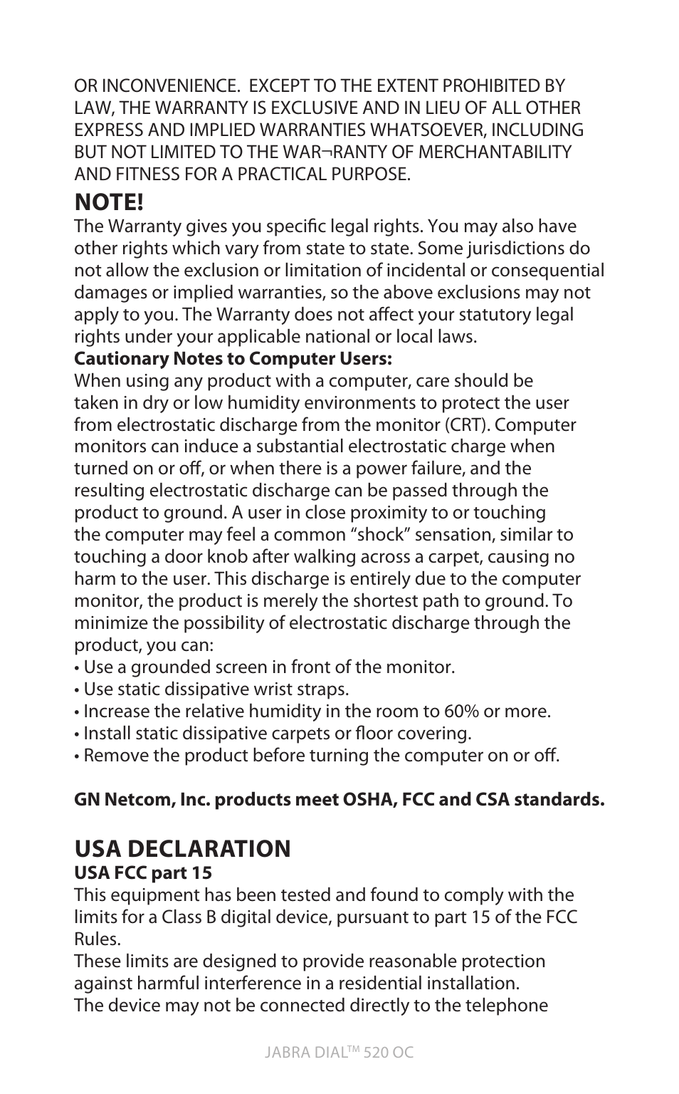 English, Usa declaration | Jabra DIAL 520 OC User Manual | Page 18 / 22
