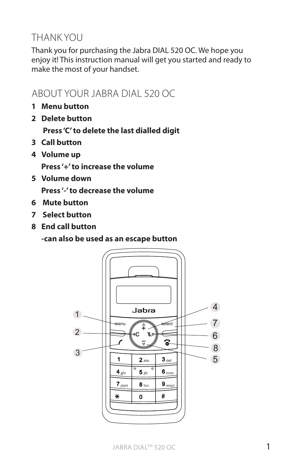 English, About your jabra dial 520 oc | Jabra DIAL 520 OC User Manual | Page 3 / 22