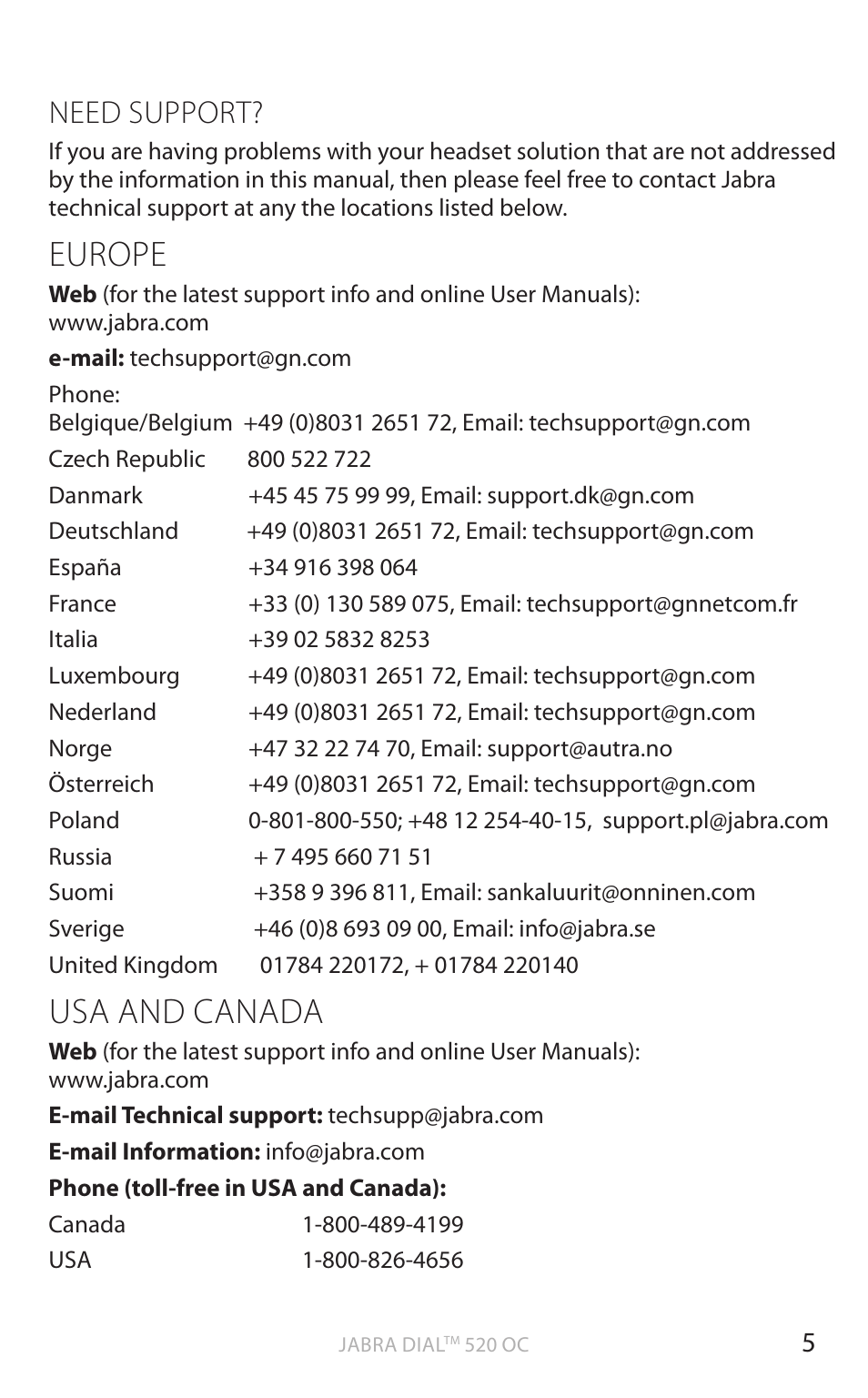 English, Europe, Usa and canada | Need support | Jabra DIAL 520 OC User Manual | Page 7 / 22