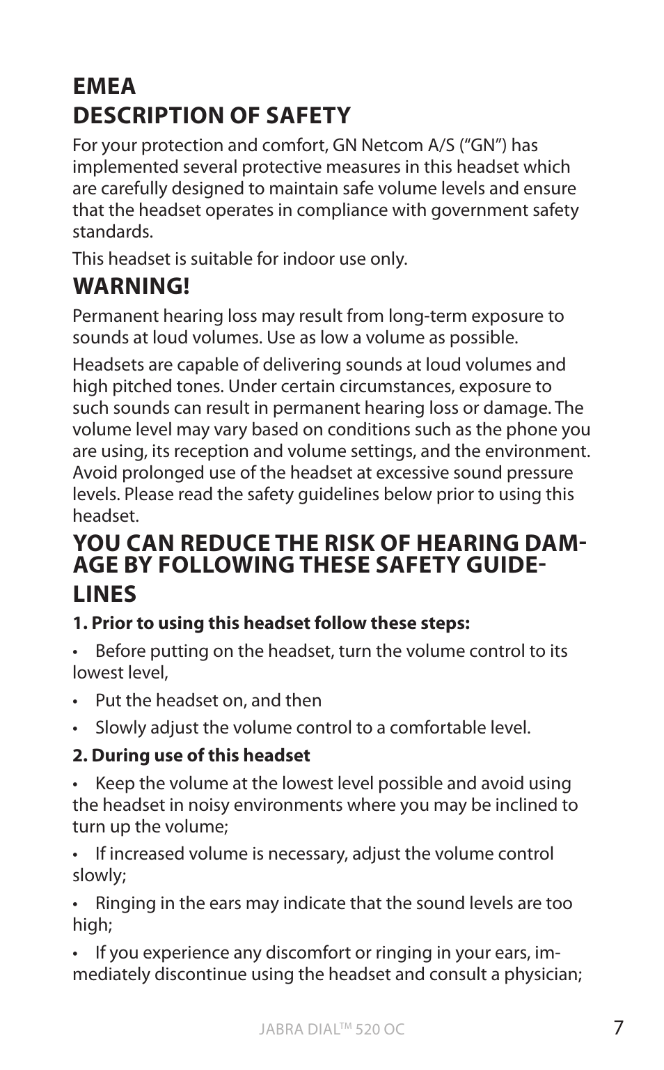 English, Emea description of safety, Warning | Jabra DIAL 520 OC User Manual | Page 9 / 22