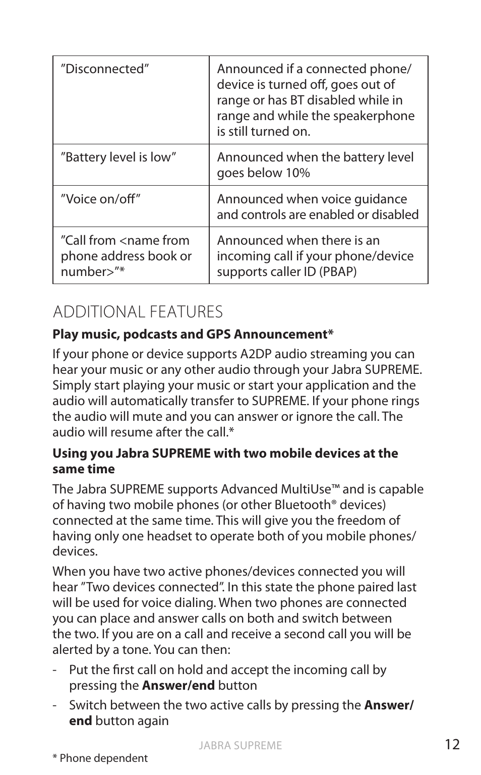 English, Additional features | Jabra Bluetooth Headset User Manual | Page 13 / 19