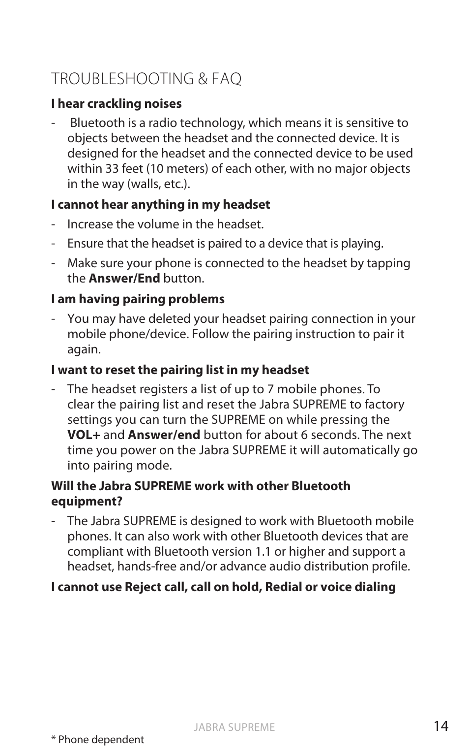 English, Troubleshooting & faq | Jabra Bluetooth Headset User Manual | Page 15 / 19