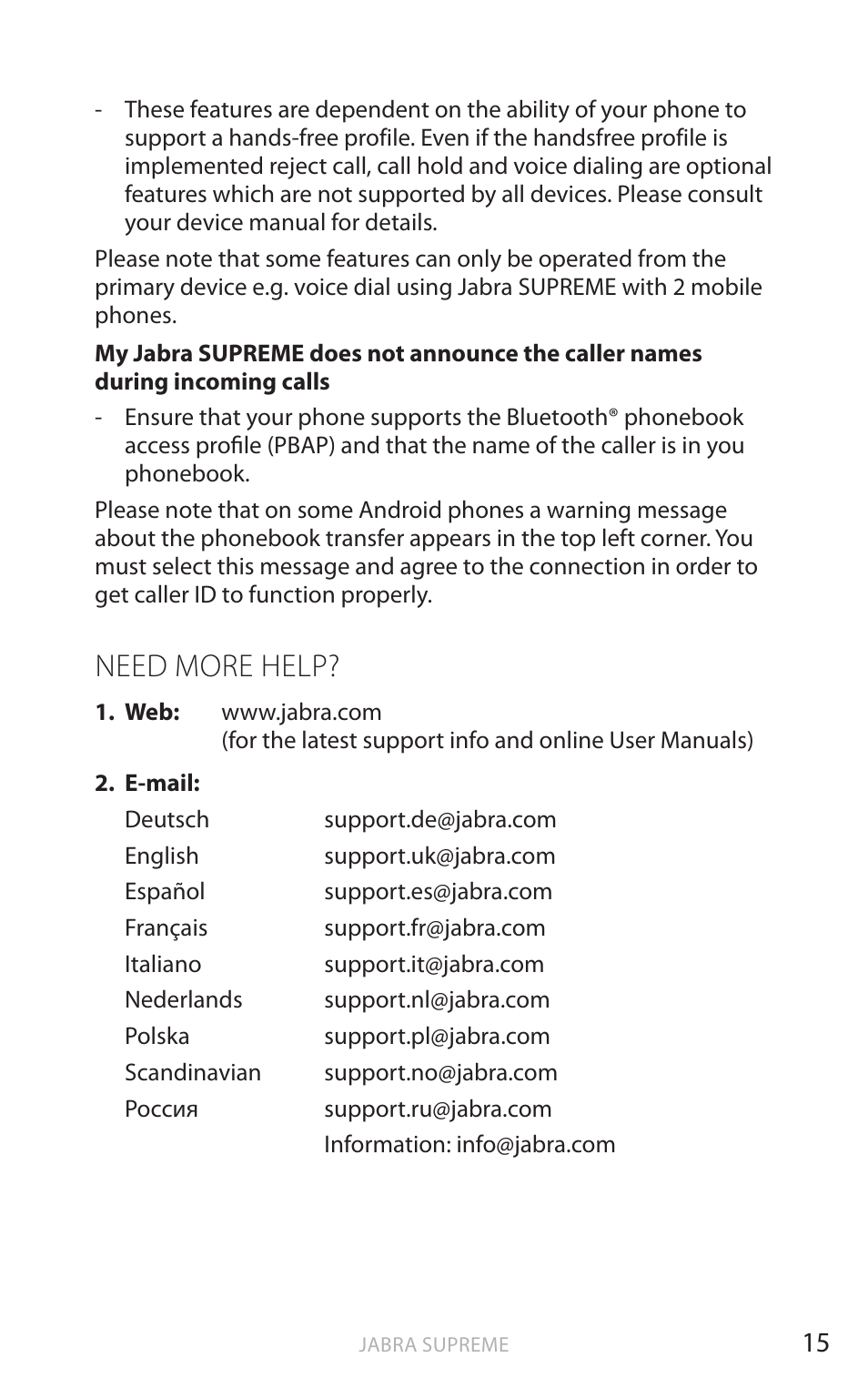 English, Need more help | Jabra Bluetooth Headset User Manual | Page 16 / 19