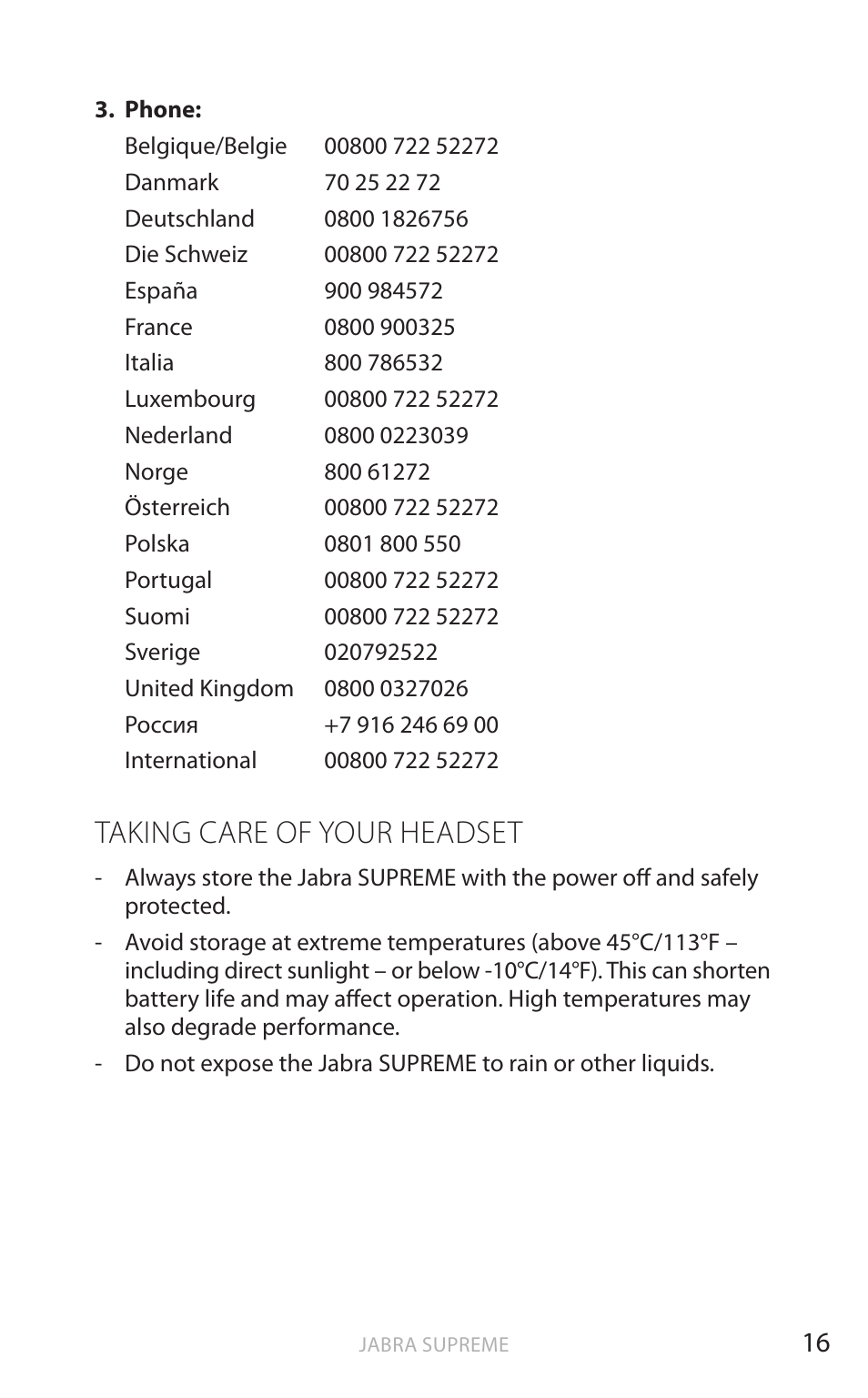 English, Taking care of your headset | Jabra Bluetooth Headset User Manual | Page 17 / 19