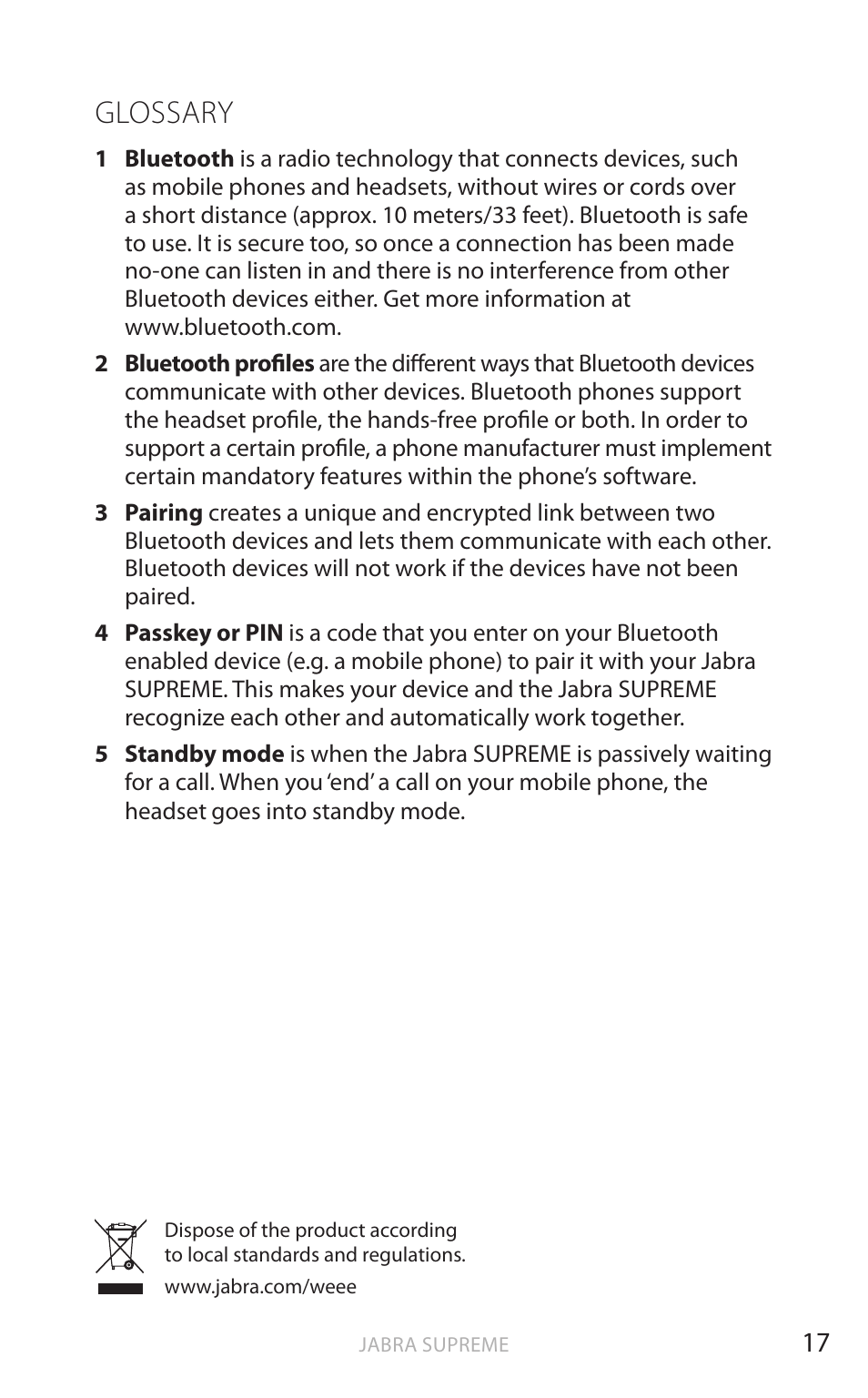 English, Glossary | Jabra Bluetooth Headset User Manual | Page 18 / 19