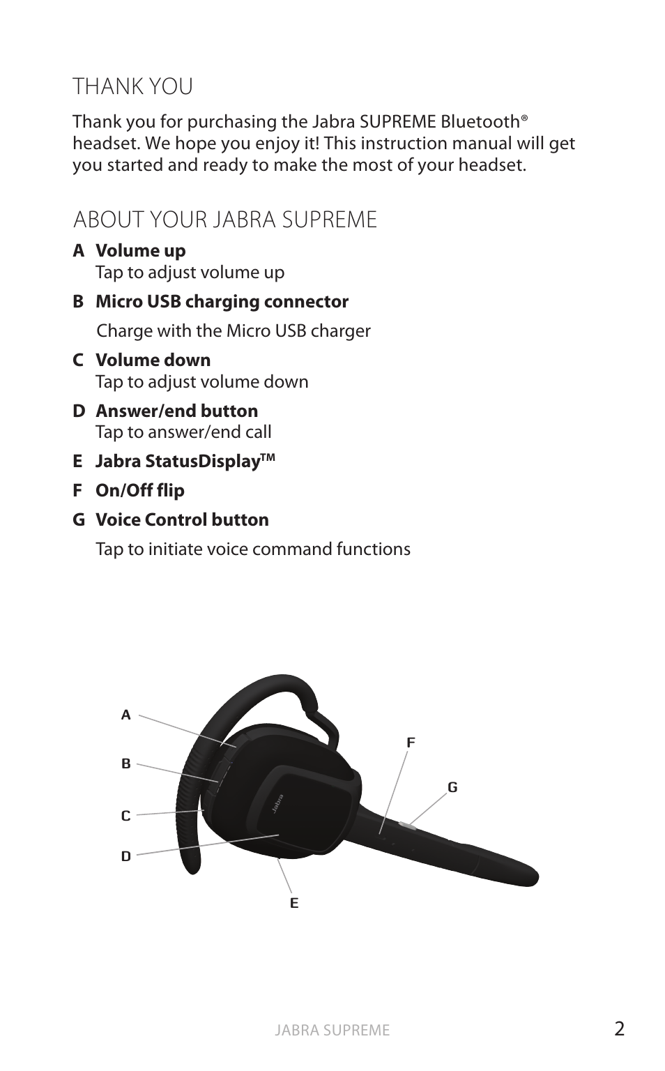English, About your jabra supreme | Jabra Bluetooth Headset User Manual | Page 3 / 19