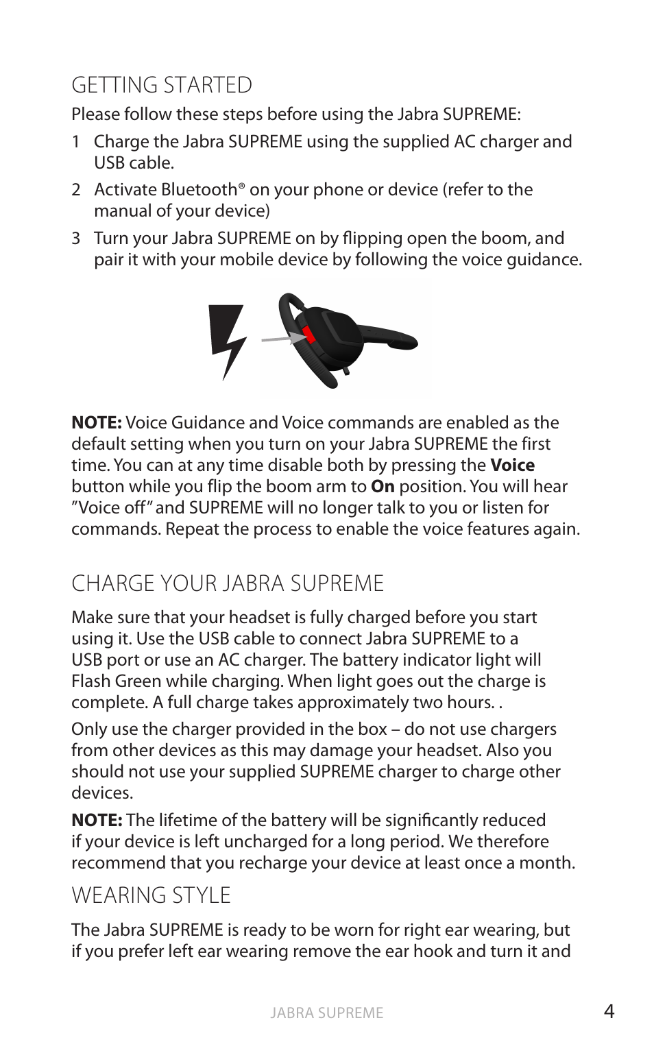 English, Getting started, Charge your jabra supreme | Wearing style | Jabra Bluetooth Headset User Manual | Page 5 / 19