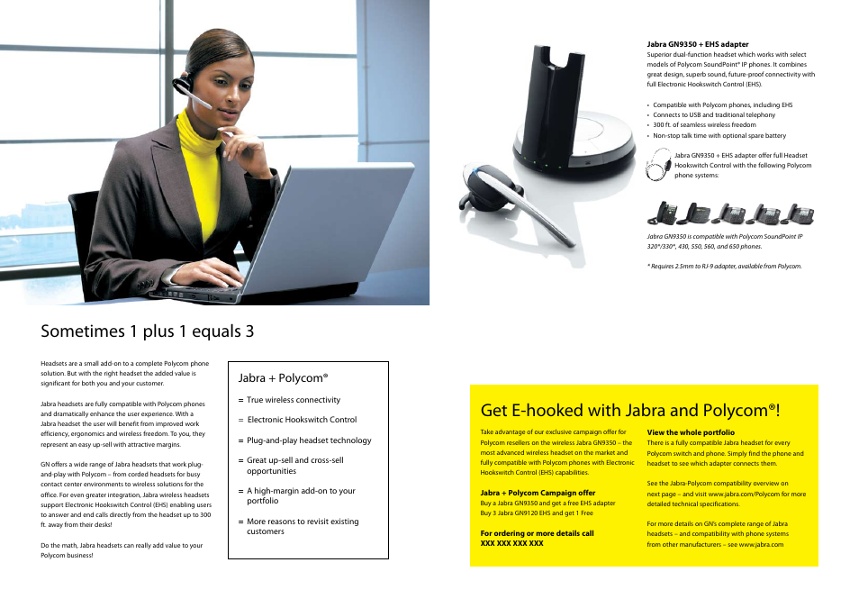 Get e-hooked with jabra and polycom, Sometimes 1 plus 1 equals 3, Jabra + polycom | Jabra GN9350 User Manual | Page 2 / 4