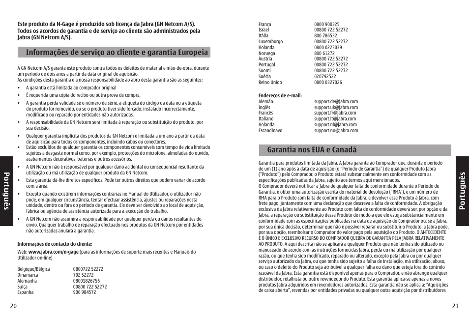 Garantia nos eua e canadá | Jabra N-Gage QD User Manual | Page 13 / 51