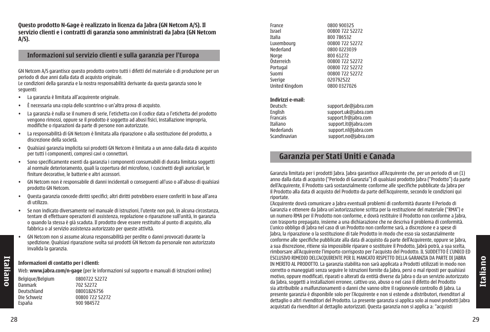 Ita lia n o, It al ia n o, Garanzia per stati uniti e canada | Jabra N-Gage QD User Manual | Page 17 / 51