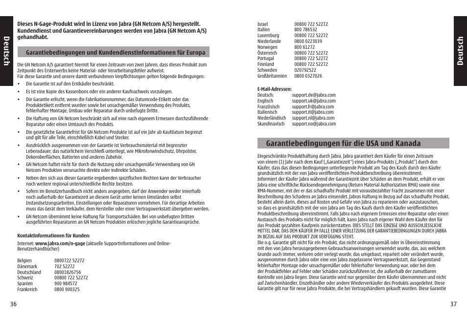 Deu ts ch, Garantiebedingungen für die usa und kanada | Jabra N-Gage QD User Manual | Page 21 / 51