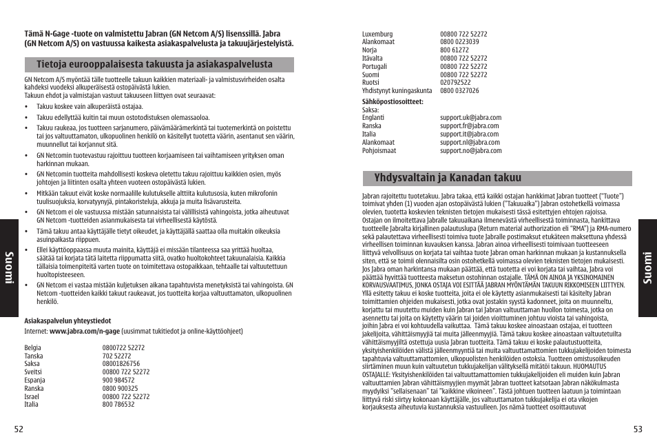Su o m i, Yhdysvaltain ja kanadan takuu | Jabra N-Gage QD User Manual | Page 29 / 51
