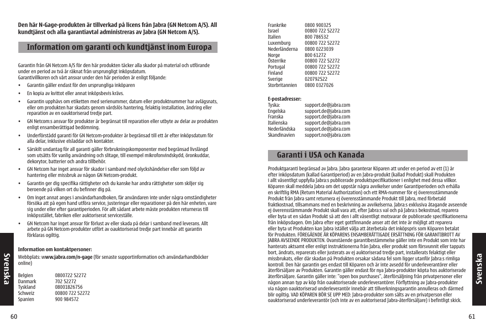 Sv en sk a, Garanti i usa och kanada, Information om garanti och kundtjänst inom europa | Jabra N-Gage QD User Manual | Page 33 / 51