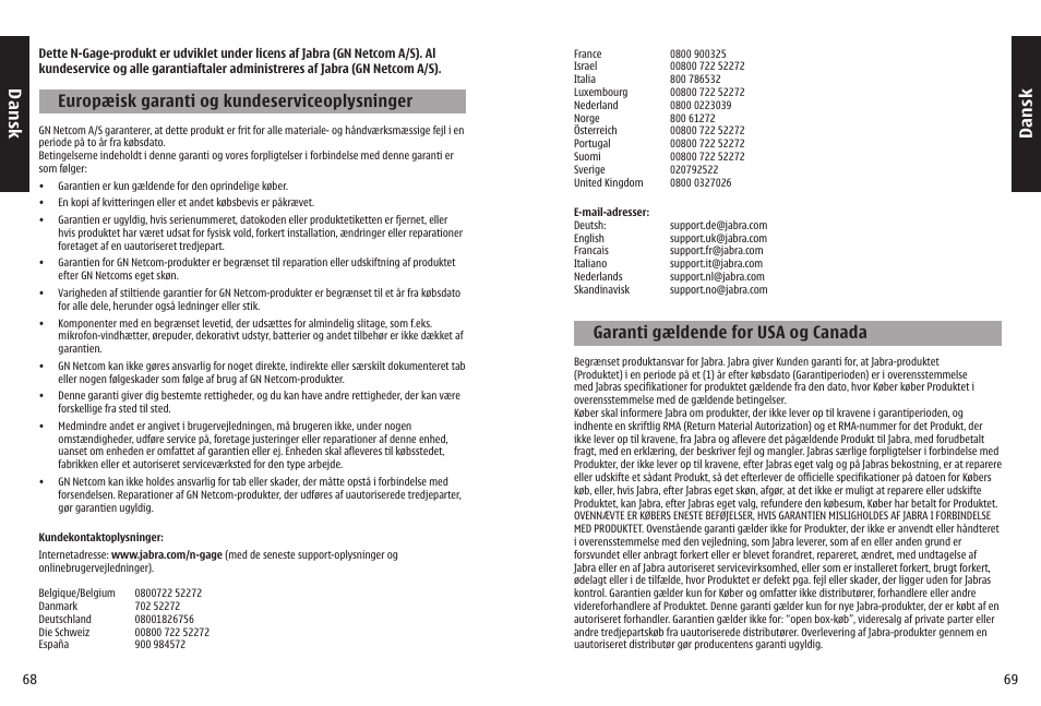 Dan sk, Europæisk garanti og kundeserviceoplysninger, Garanti gældende for usa og canada | Jabra N-Gage QD User Manual | Page 37 / 51