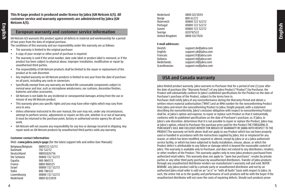 En g lis h, En g li sh, Usa and canada warranty | Jabra N-Gage QD User Manual | Page 5 / 51