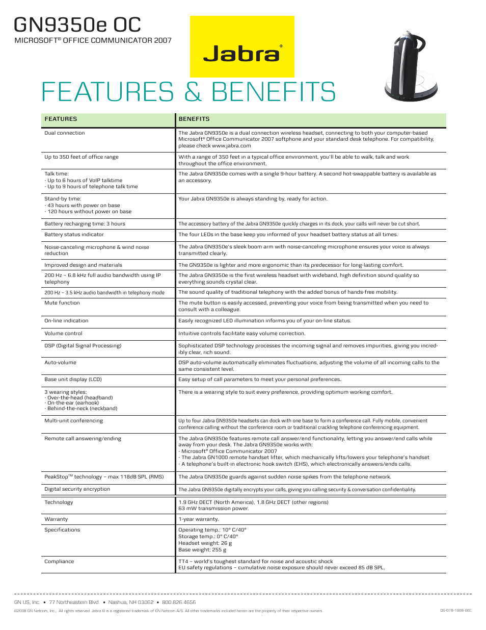 Features & benefits, Gn9350e oc, Microsoft | Office communicator 2007 | Jabra GN9350e User Manual | Page 2 / 2