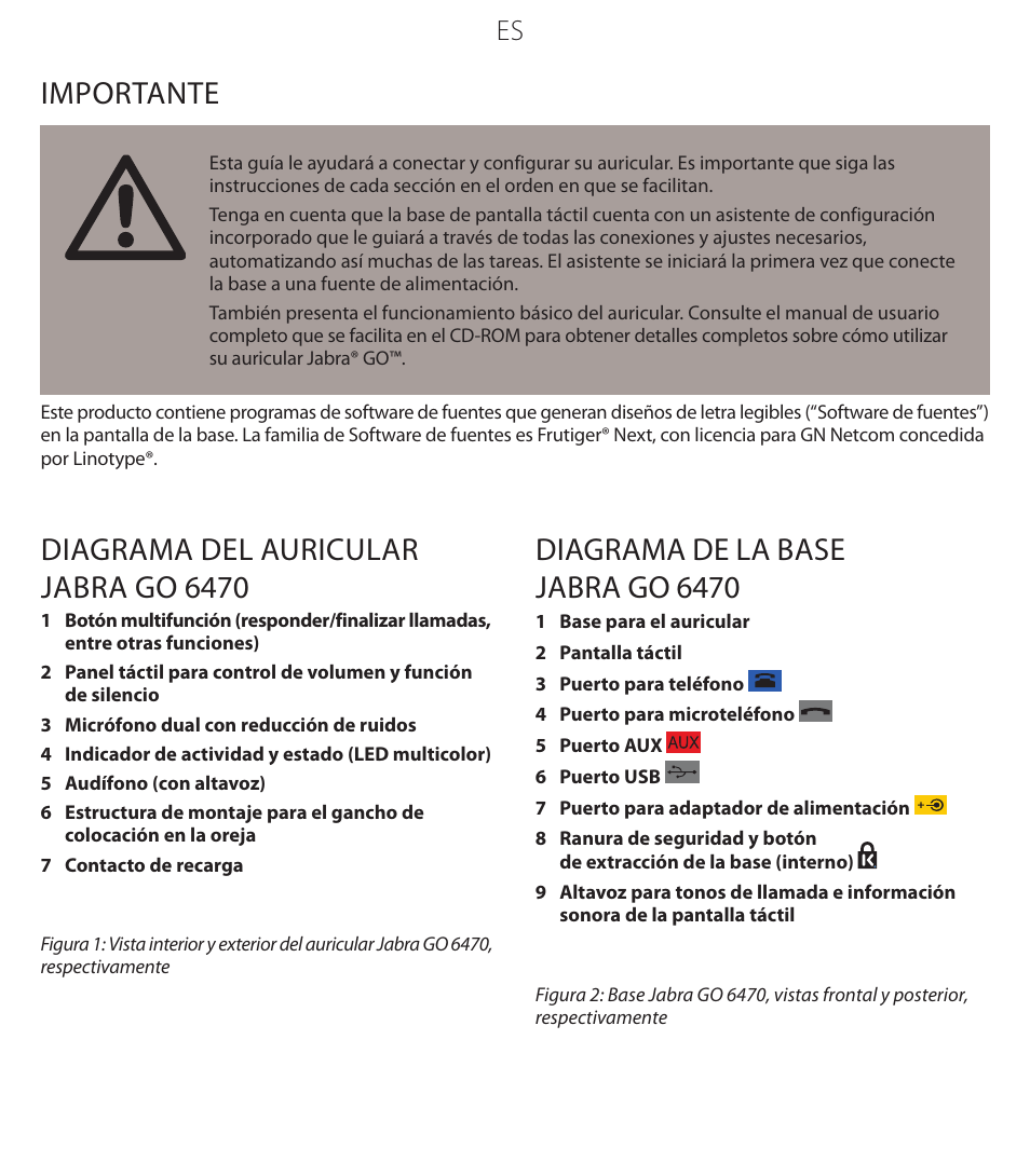 Diagrama del auricular jabra go 6470, Diagrama de la base jabra go 6470, Importante | Jabra GO 6470 User Manual | Page 27 / 40