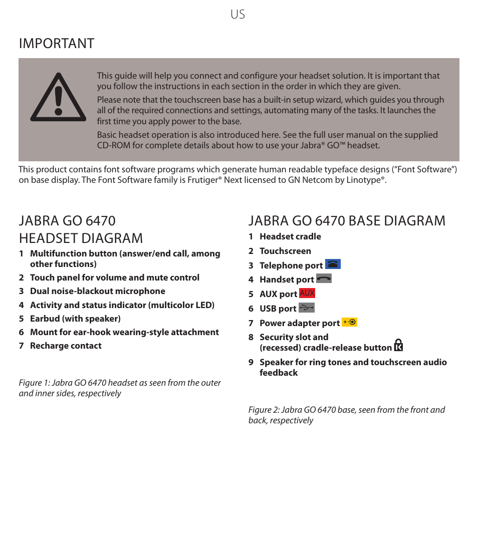 Jabra go 6470 headset diagram, Jabra go 6470 base diagram, Important | Jabra GO 6470 User Manual | Page 3 / 40