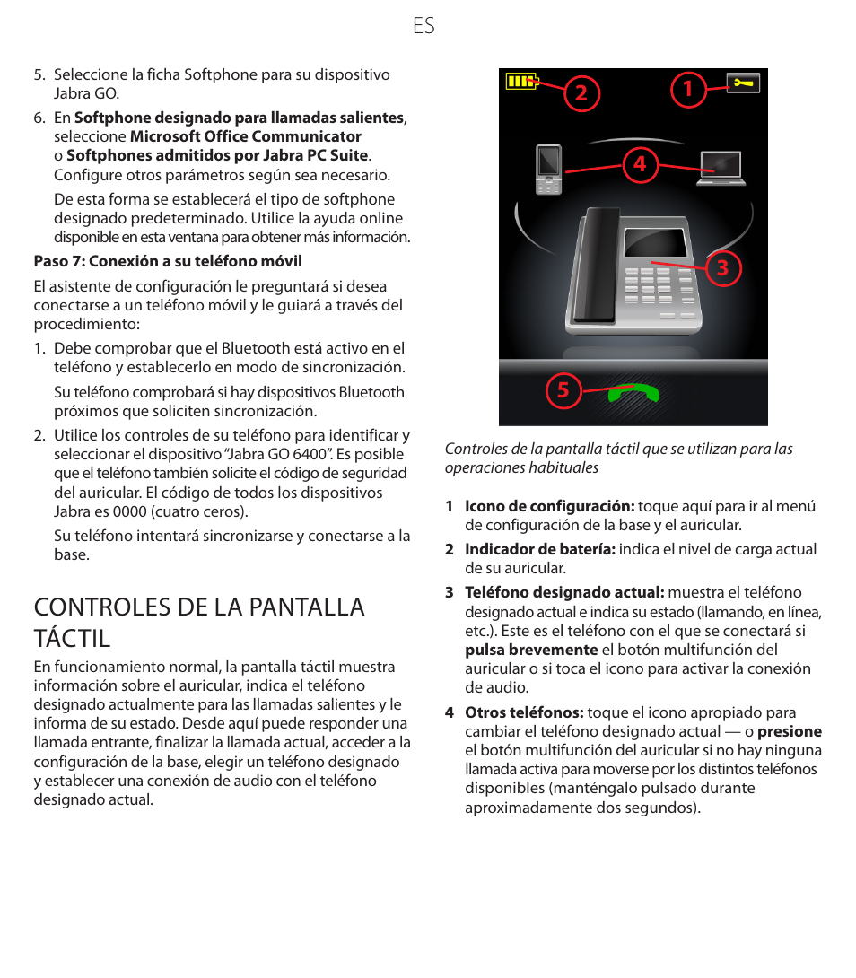 Controles de la pantalla táctil | Jabra GO 6470 User Manual | Page 30 / 40