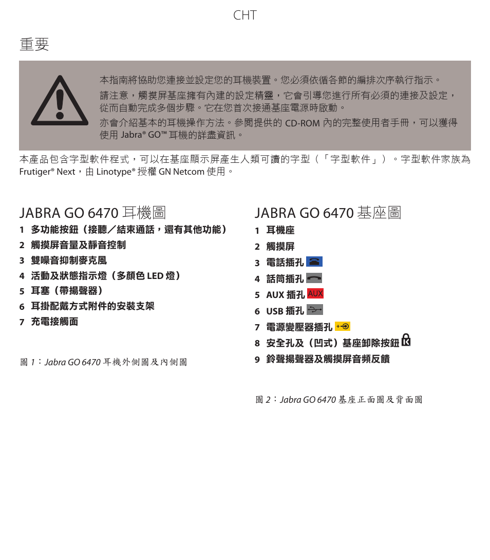 Jabra go 6470 耳機圖, Jabra go 6470 基座圖 | Jabra GO 6470 User Manual | Page 34 / 40