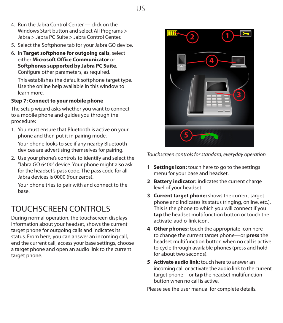 Touchscreen controls | Jabra GO 6470 User Manual | Page 6 / 40