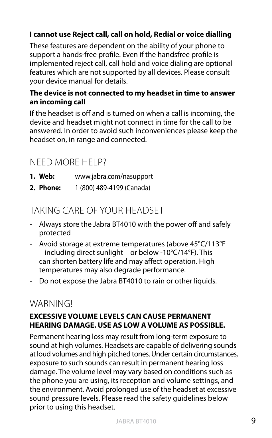 English, Need more help, Taking care of your headset | Warning | Jabra BT4010 User Manual | Page 10 / 73