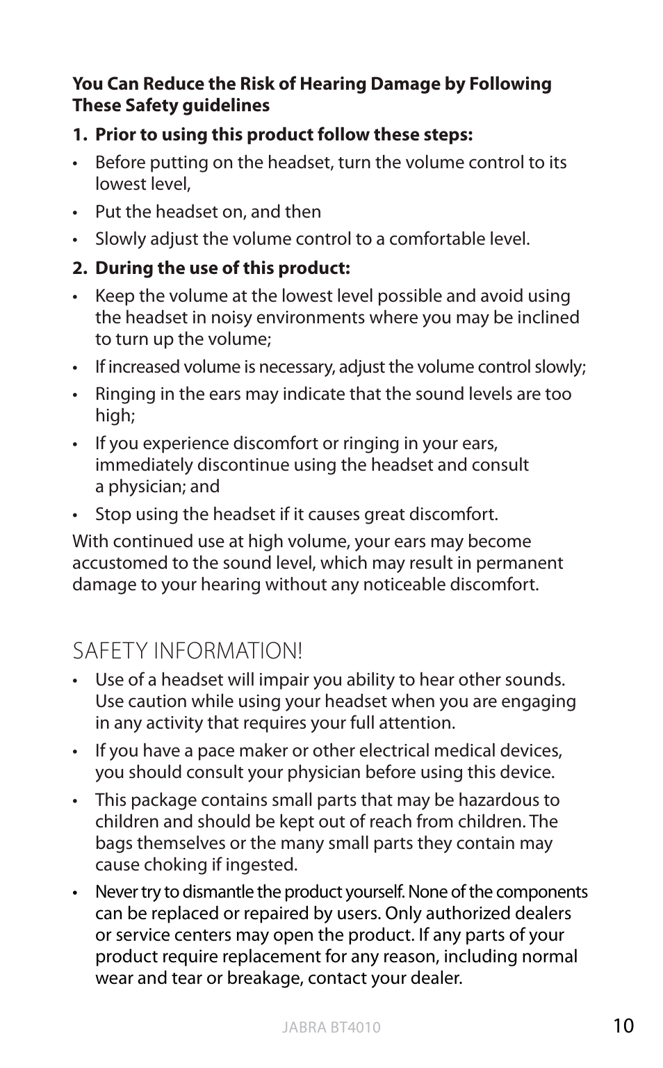 English, Safety information | Jabra BT4010 User Manual | Page 11 / 73