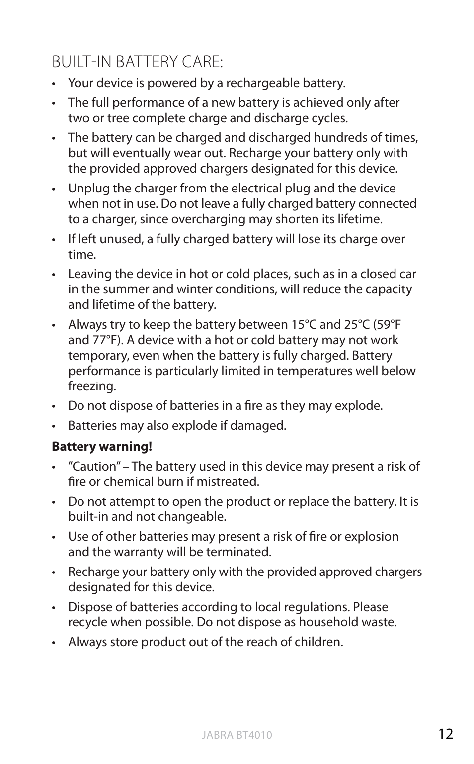 English, Built-in battery care | Jabra BT4010 User Manual | Page 13 / 73