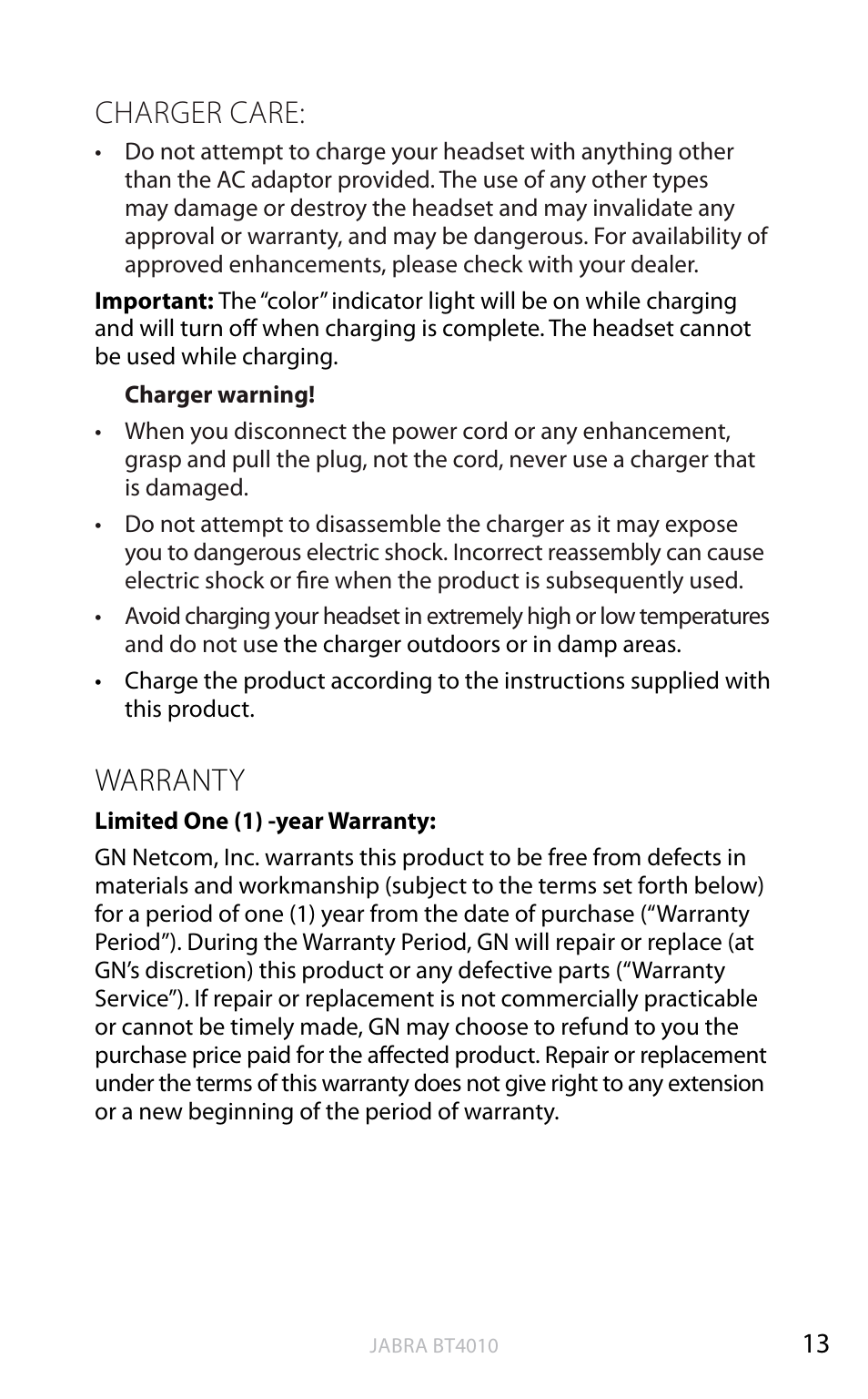 English, Charger care, Warranty | Jabra BT4010 User Manual | Page 14 / 73