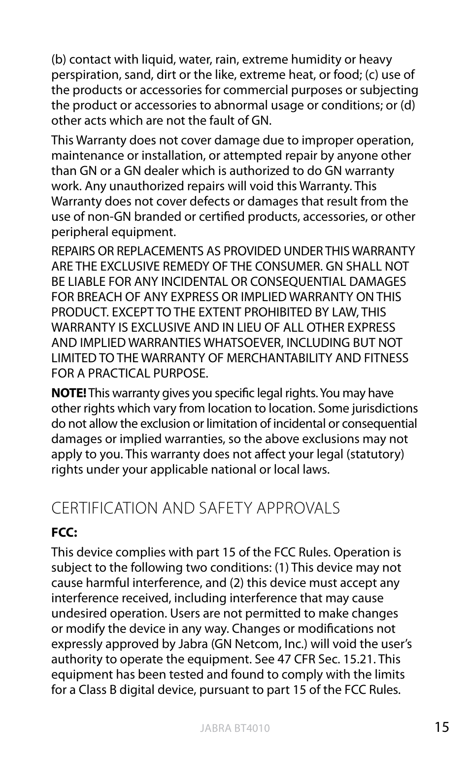 English, Certification and safety approvals | Jabra BT4010 User Manual | Page 16 / 73