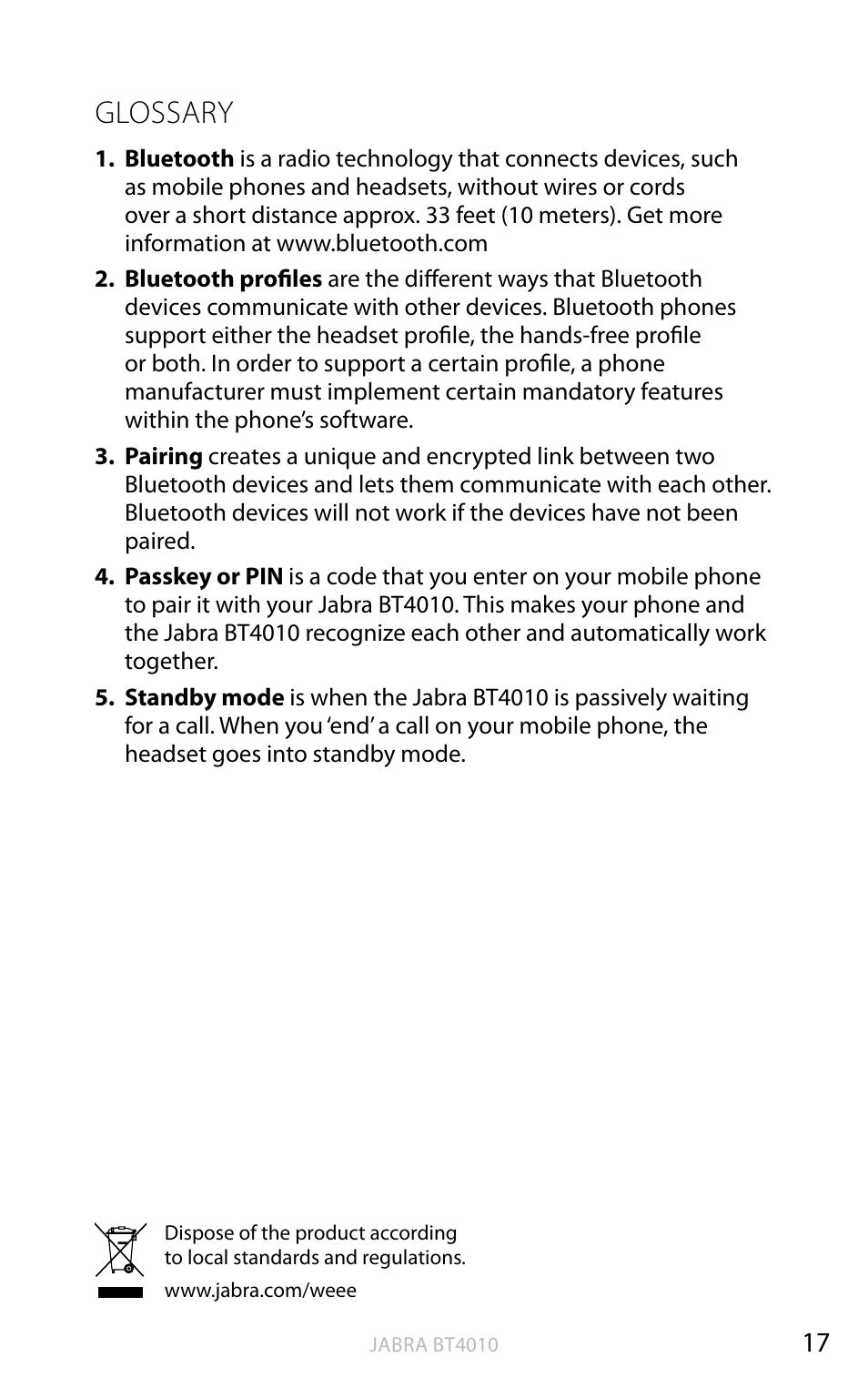 English, Glossary | Jabra BT4010 User Manual | Page 18 / 73