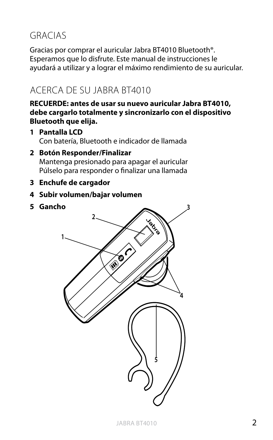 English, Gracias, Acerca de su jabra bt4010 | Jabra BT4010 User Manual | Page 20 / 73