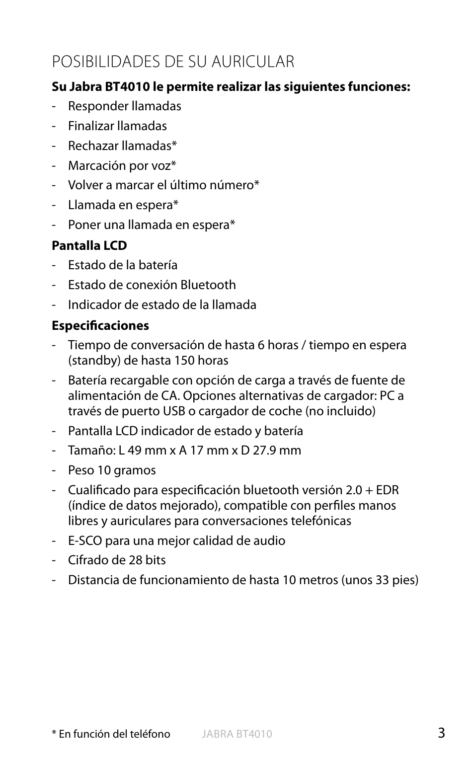 English, Posibilidades de su auricular | Jabra BT4010 User Manual | Page 21 / 73