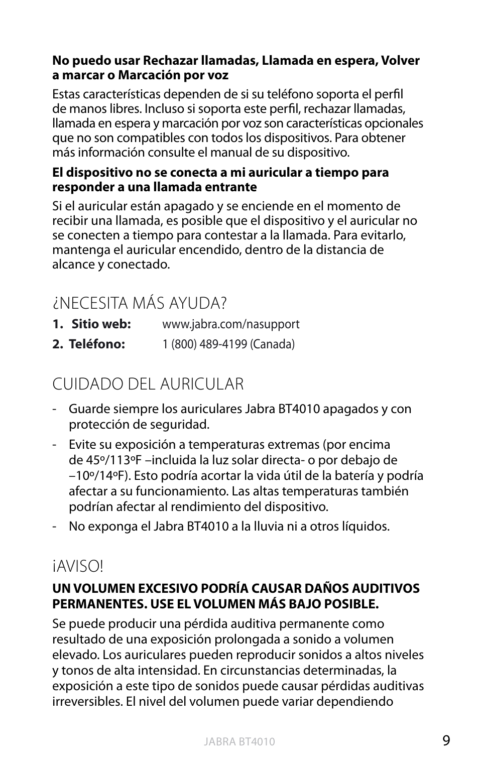 English, Necesita más ayuda, Cuidado del auricular | Aviso | Jabra BT4010 User Manual | Page 27 / 73