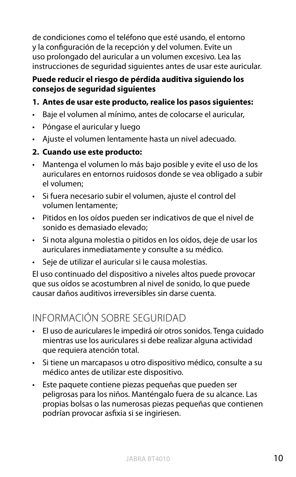 English, Información sobre seguridad | Jabra BT4010 User Manual | Page 28 / 73