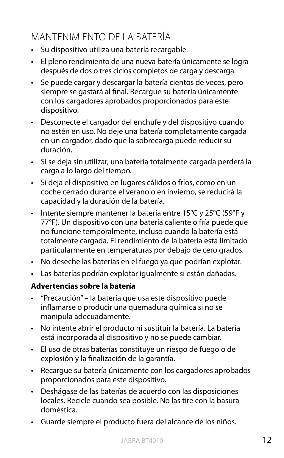English, Mantenimiento de la batería | Jabra BT4010 User Manual | Page 30 / 73
