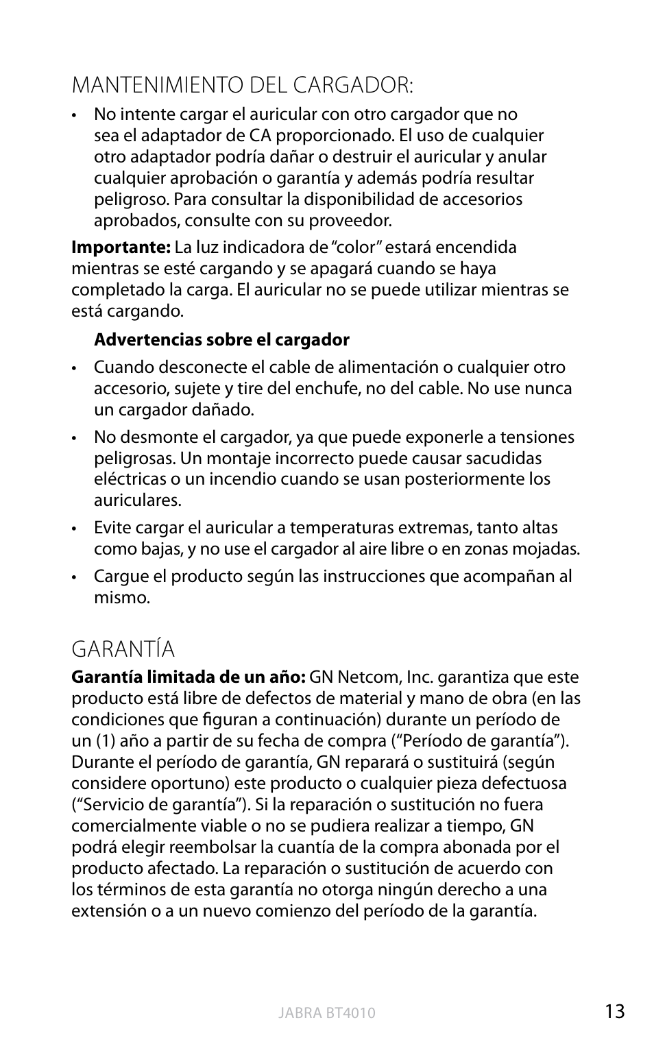 English, Mantenimiento del cargador, Garantía | Jabra BT4010 User Manual | Page 31 / 73