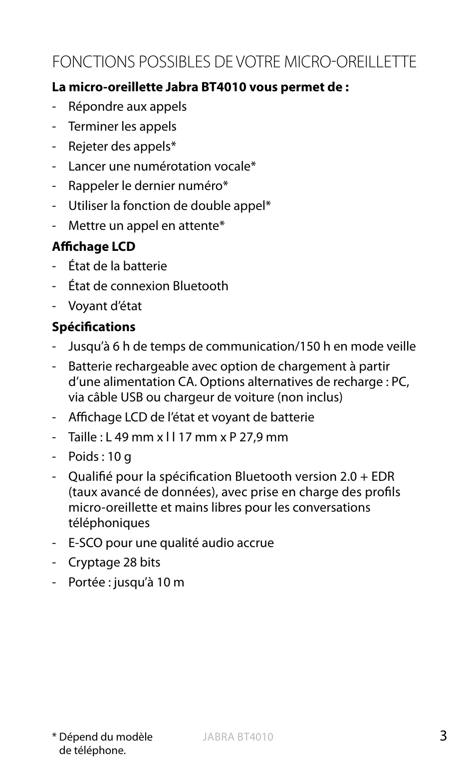 English, Fonctions possibles de votre micro-oreillette | Jabra BT4010 User Manual | Page 39 / 73