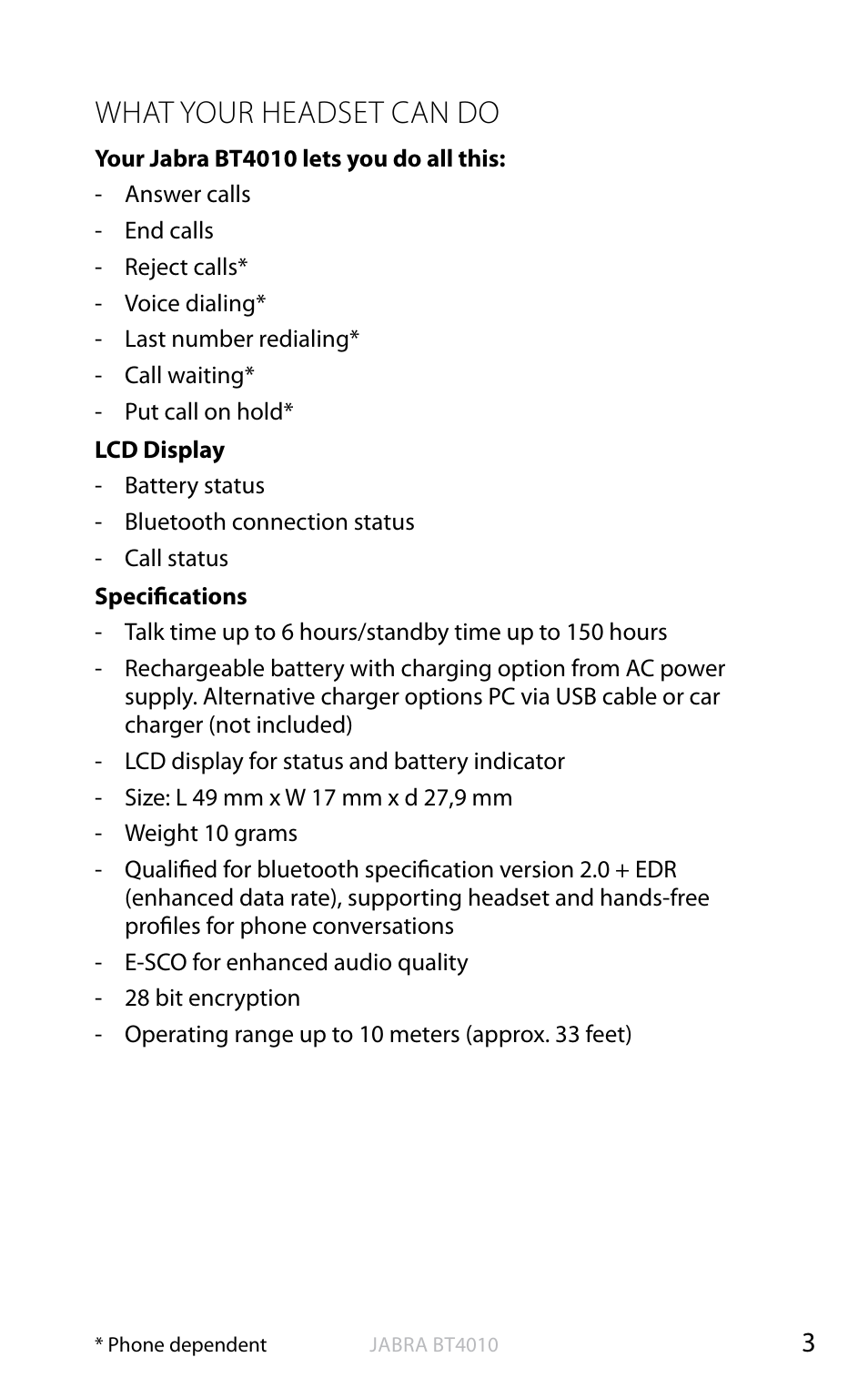 English, What your headset can do | Jabra BT4010 User Manual | Page 4 / 73