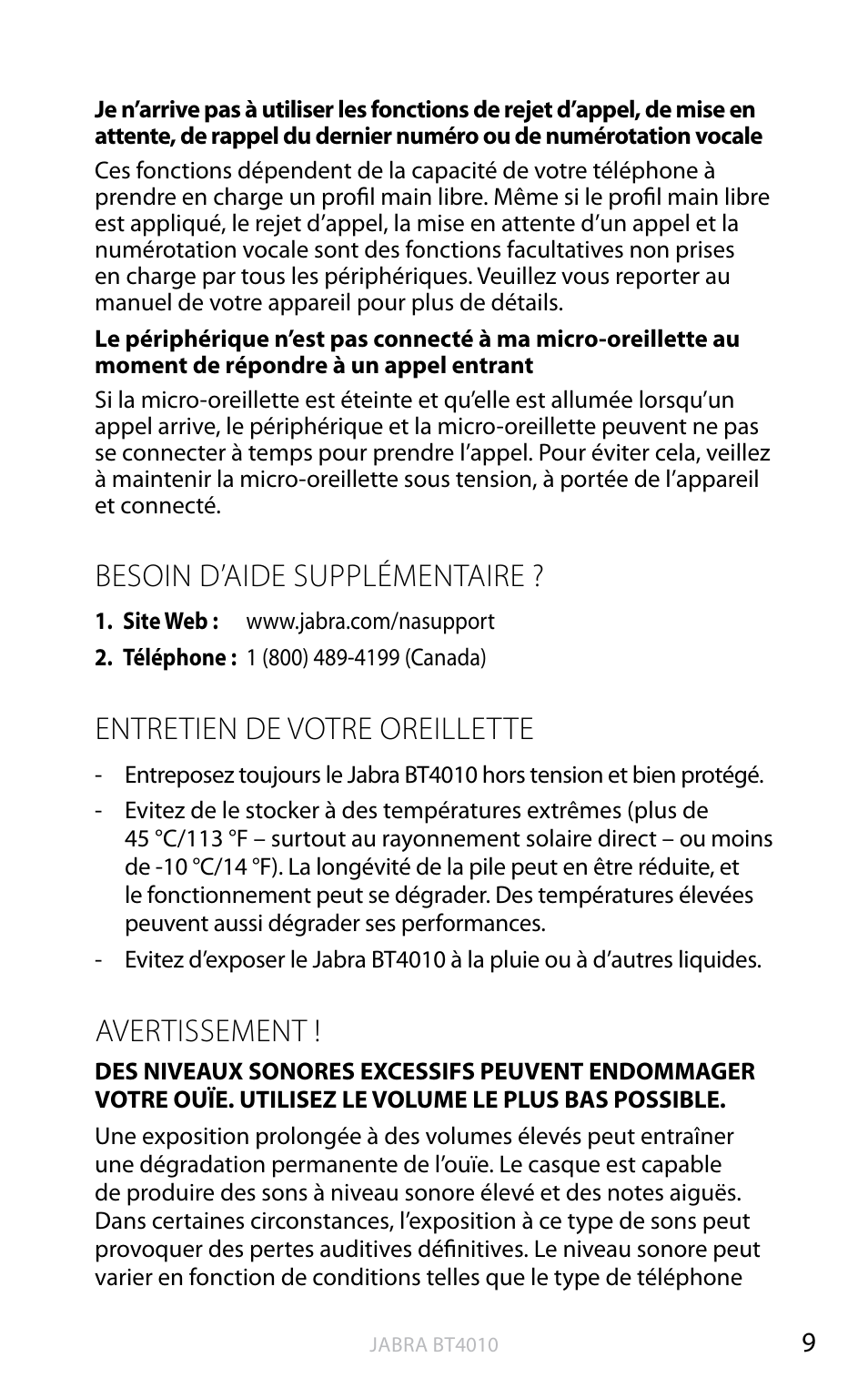 English, Besoin d’aide supplémentaire, Entretien de votre oreillette | Avertissement | Jabra BT4010 User Manual | Page 45 / 73