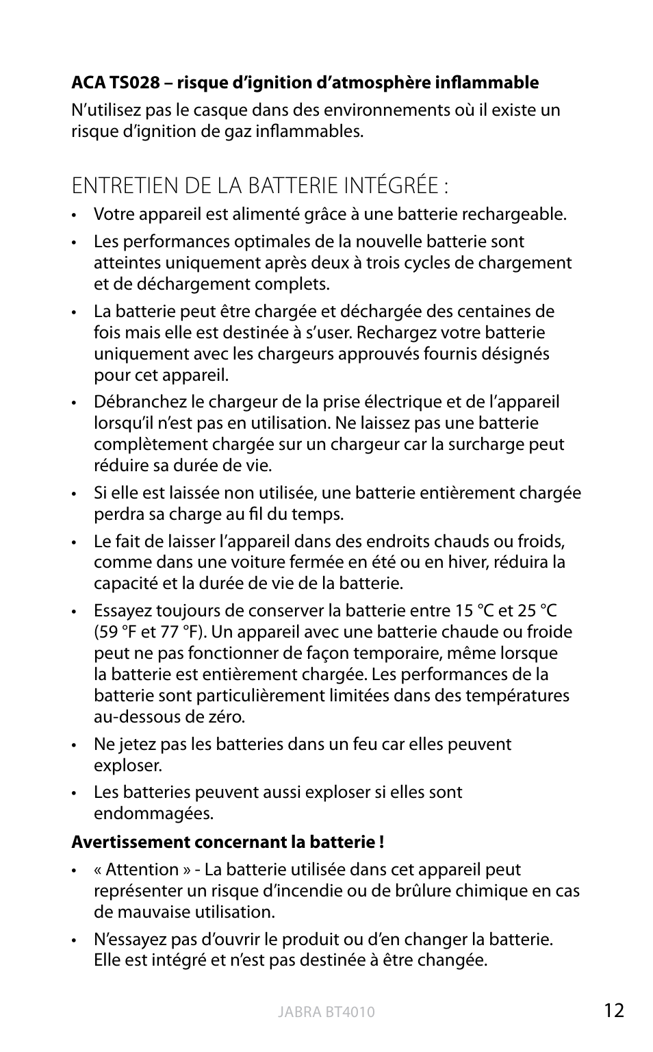 English, Entretien de la batterie intégrée | Jabra BT4010 User Manual | Page 48 / 73