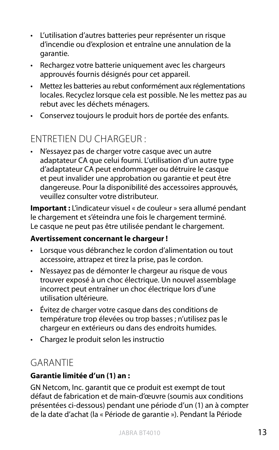 English, Entretien du chargeur, Garantie | Jabra BT4010 User Manual | Page 49 / 73